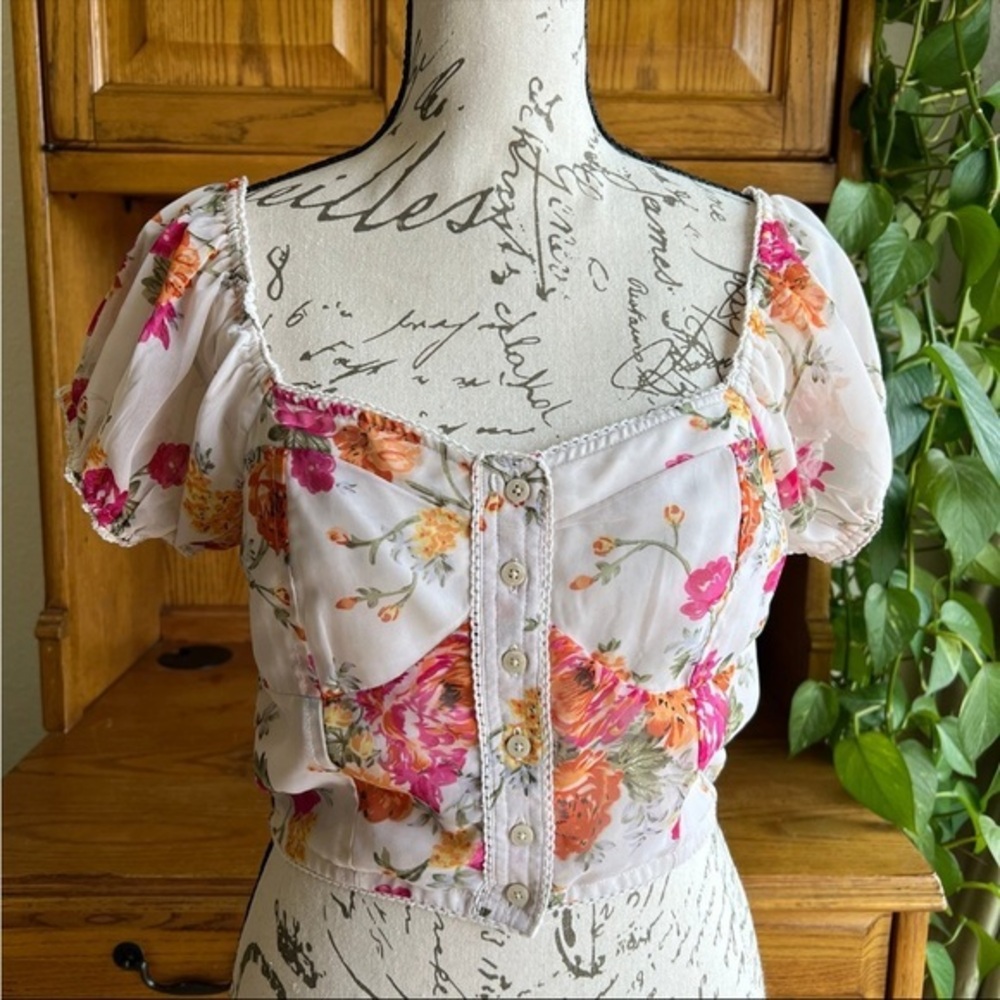 Floral Puff Sleeve Crop Top Fairycore Cottagecore Renfaire Top Large